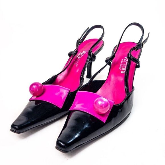 Versani Black Patent Knife Slingbacks Pink Gumball Sz 6B - Picture 9 of 11